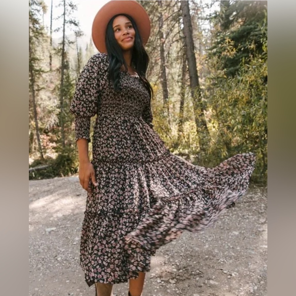 Ivy City Co Black Floral Midi Dress with Pink Blossoms